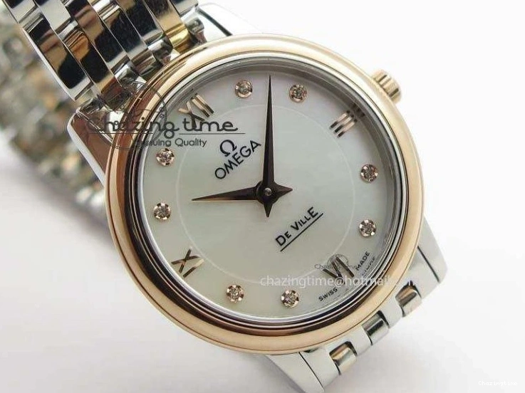 0426 De Ville 27mm SS RG Ladies MK 1:1 Best Edition White MOP Dial Diamond Markers On SS Bracelet Ronda Quartz Chic 8198